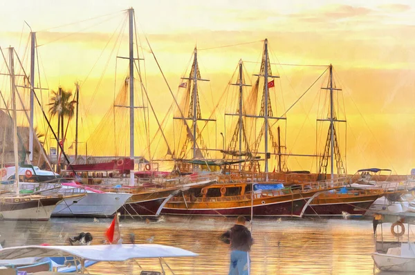 Hermosa vista del puerto de Kyrenia al atardecer pintura colorida se parece a la imagen — Foto de Stock