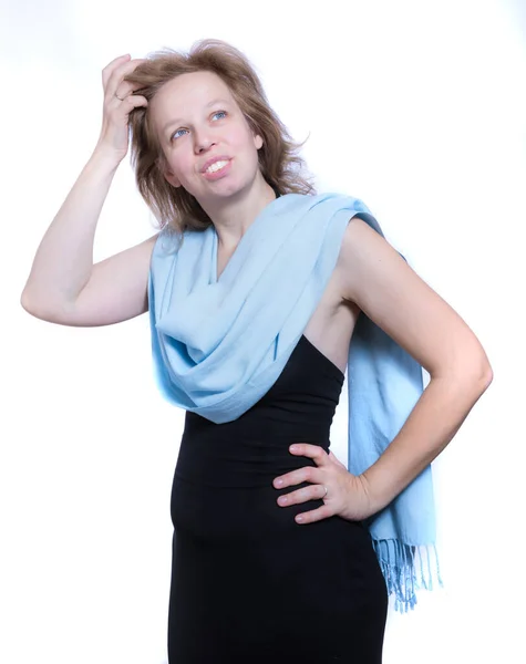 Wanita 40 tahun yang ceria dengan saputangan biru — Stok Foto
