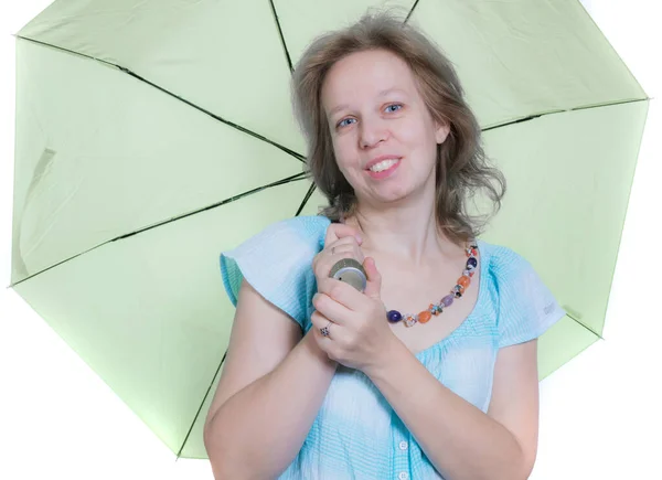 Cheerful 40 years old woman with umbrella studio portrait on white background. — Stock Photo, Image