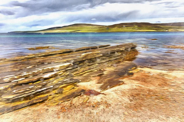 Costa do mar perto Broch of Gurness pintura colorida — Fotografia de Stock