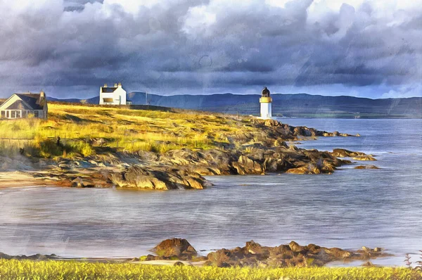 Sea coast with lighthouse colorful painting looks like picture — Stock Photo, Image