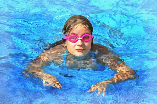 Mädchen mit Brille schwimmt im blauen Schwimmbad — Stockfoto