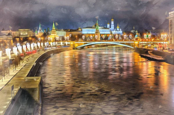 Gyönyörű kilátás nyílik Moskow Kremlin és Moskva folyó éjjel színes festmény úgy néz ki, mint egy kép — Stock Fotó