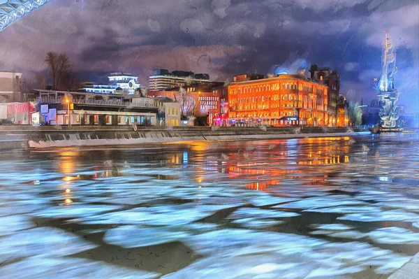 Prachtig uitzicht op Moskva rivier dijk 's nachts kleurrijk schilderij ziet eruit als foto — Stockfoto