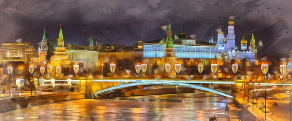 Prachtig uitzicht op Moskow Kremlin en Moskva rivier 's nachts kleurrijk schilderij ziet eruit als foto — Stockfoto