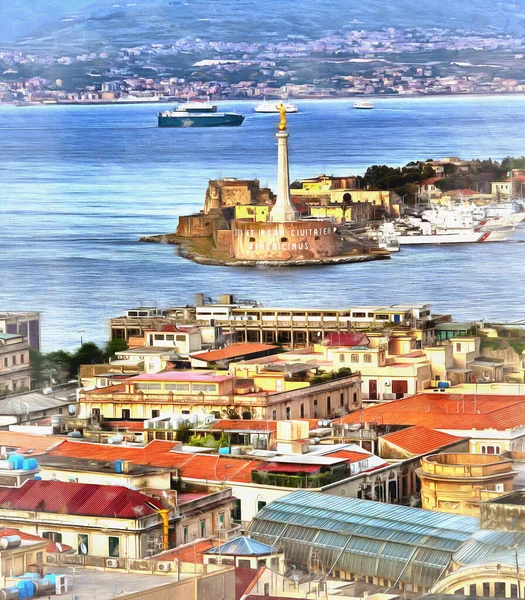 Városkép és szoros Messina színes festmény úgy néz ki, mint egy kép — Stock Fotó