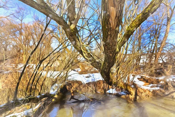 Voorjaar landschap kleurrijke schilderij ziet eruit als foto — Stockfoto