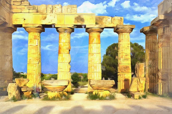 Vista sobre el antiguo templo en Selinunte, Sicilia, pintura colorida se parece a la imagen. — Foto de Stock