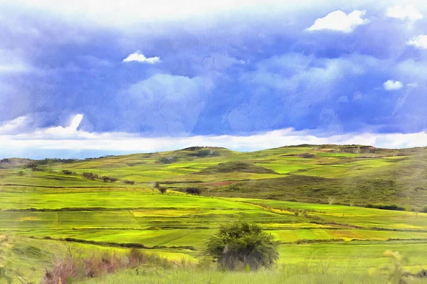 Hermoso paisaje con campos pintura colorida se parece a la imagen. —  Fotos de Stock