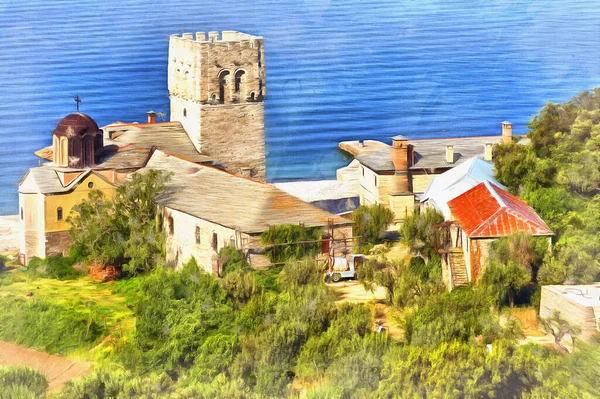 Zograf Klooster kleurrijk schilderij ziet eruit als foto, Athos schiereiland, Griekenland. — Stockfoto