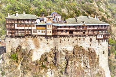 Simonopetra manastırı renkli resim gibi görünüyor, Athos Dağı, Yunanistan.