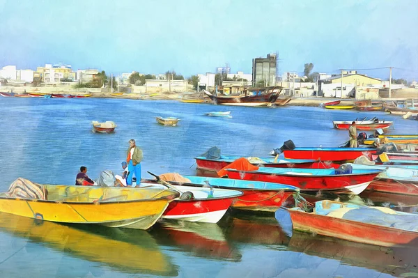 Hagyományos Perzsa-öböl bandari hajók színes festmény úgy néz ki, mint egy kép — Stock Fotó