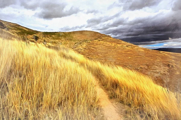 Prachtige heuvels met geel gras kleurrijke schilderij — Stockfoto