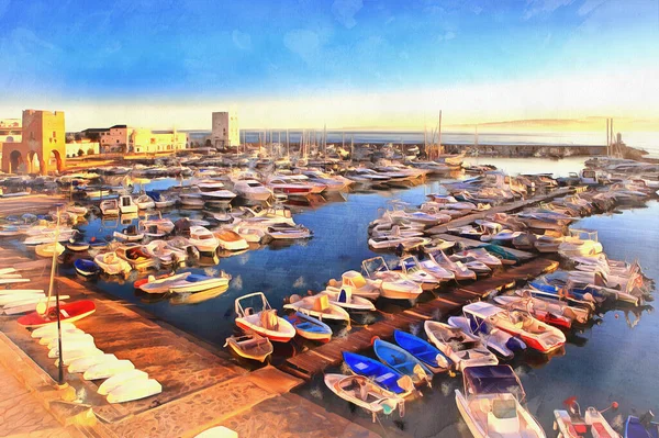 Blick auf Bucht mit Booten bunte Malerei sieht aus wie Bild — Stockfoto