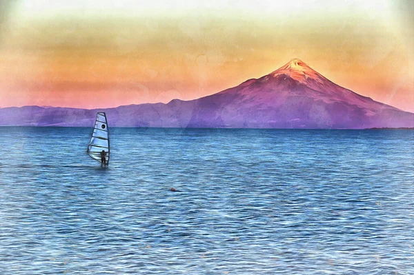 Farbenfrohe Landschaftsmalerei mit Windsurfer und dem Berg im Hintergrund — Stockfoto