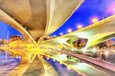 Güzel modern mimari gece görüşü renkli resim gibi görünüyor.