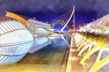 Güzel modern mimari gece görüşü renkli resim gibi görünüyor.