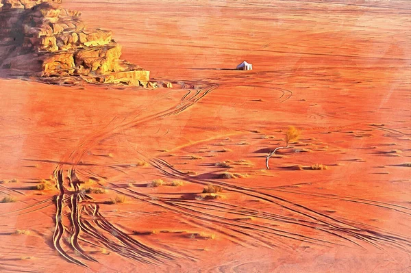 Wadi Rum沙漠红沙上的痕迹看起来像一幅画 — 图库照片