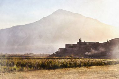 Khor Virap Manastırı 'nın renkli tablosu, 1662, Ararat ili, Ermenistan.