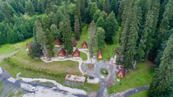 Beau paysage de forêt de montagne avec chalets vue aérienne. — Photo