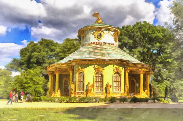 Schöne Aussicht auf Park mit chinesischem Teehaus Altes Gebäude bunte Malerei sieht aus wie Bild — Stockfoto