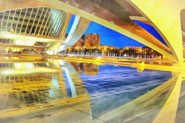 Güzel modern mimari gece görüşü renkli resim gibi görünüyor.