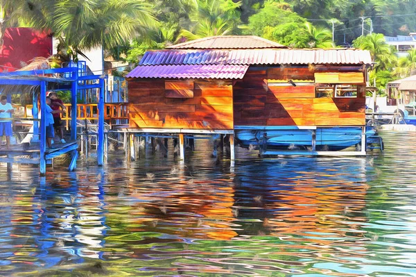 Hus på floden vacker landskap färgglada målning ser ut som bild — Stockfoto