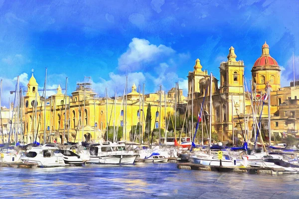 Gyönyörű kilátás a régi város a víz színes festmény úgy néz ki, mint egy kép — Stock Fotó