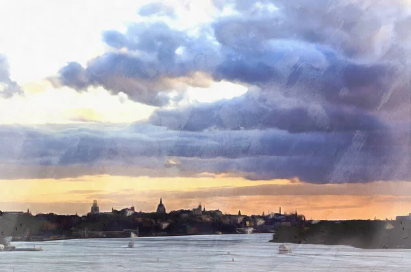 Stockholm uitzicht kleurrijke schilderij ziet eruit als foto, Zweden. — Stockfoto