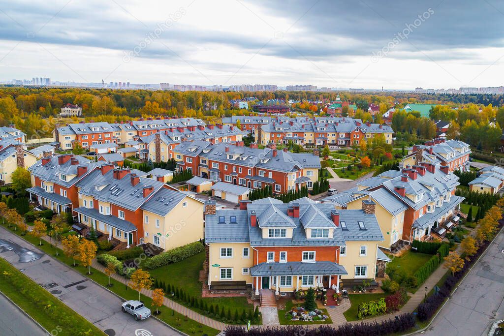 Cottage settlement with small houses beautiful aerial view