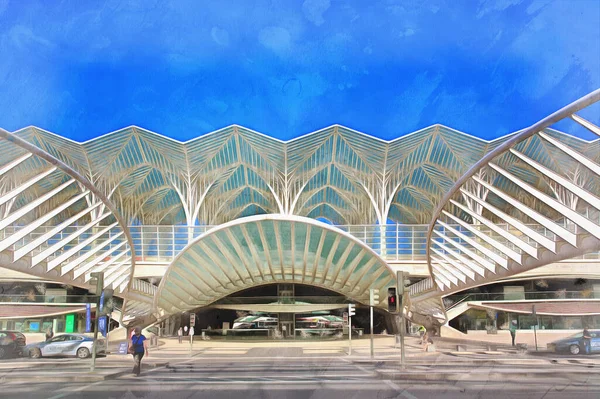 Oriente Station, Gare do Oriente, moderne architectuur kleurrijk schilderij lijkt op foto — Stockfoto