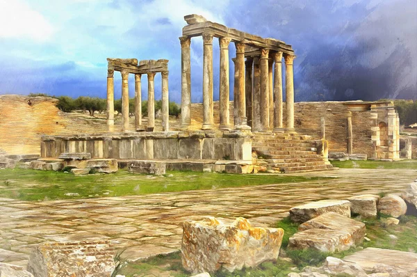Antigas ruínas do templo pintura colorida se parece com imagem, Dougga, Tunísia — Fotografia de Stock