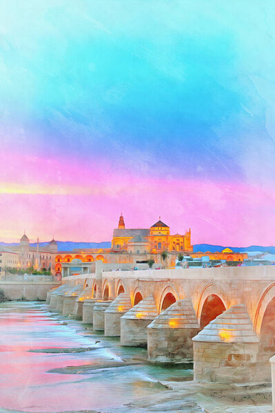 Old cathedral and Roman bridge at sunset Guadalquivir river Cordoba Andalusia Spain