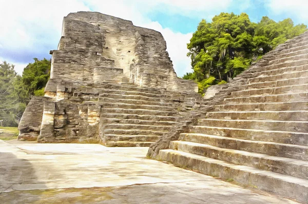 Visa på Maya ruiner av Tikal färgglada målning ser ut som bild — Stockfoto