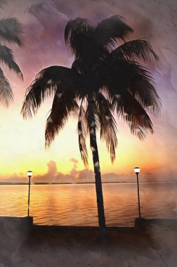 Palmiye ağaçlarının rengarenk olduğu duvar resmi gibi görünüyor.