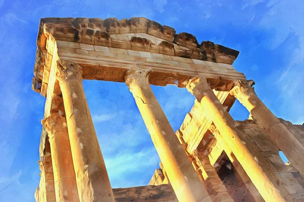 Ruinas del templo antiguo pintura colorida se parece a la imagen, Sbeitla, Túnez. — Foto de Stock