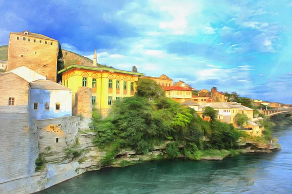 Old town river embankment colorful painting looks like picture, Mostar, Bosnia and Herzegovina. — Stock Photo, Image
