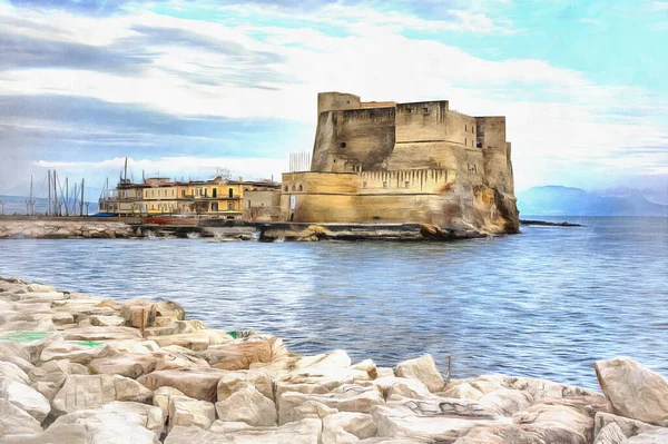 水の上の古い城の眺めカラフルな絵は絵のように見えます,ナポリ,イタリア. — ストック写真