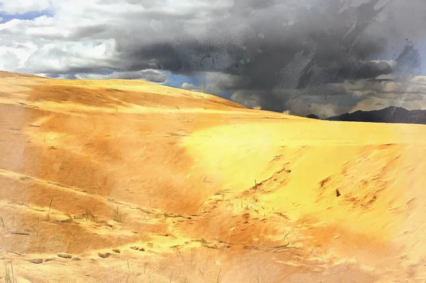 蒙古族沙漠沙丘上的彩绘看起来像一幅画 — 图库照片