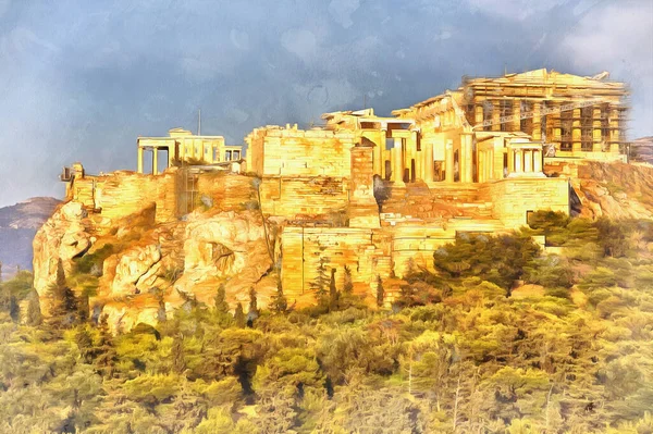 Ver en Acrópolis pintura colorida se parece a la imagen, Atenas, Grecia. — Foto de Stock