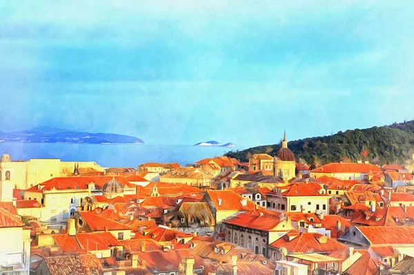 OLd town view färgglada målning ser ut som bild, Dubrovnik, Kroatien. — Stockfoto