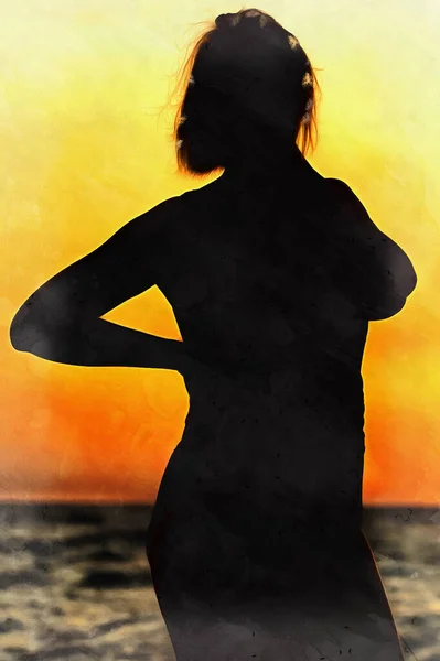 Womans silhouette at sunset on the beach — Stock Photo, Image