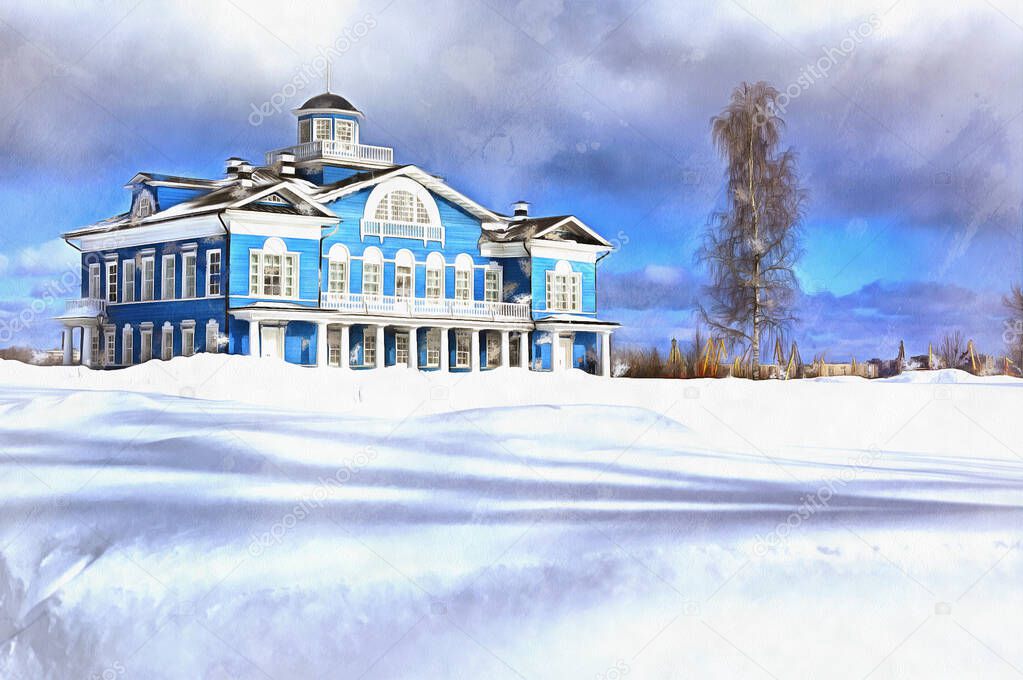 Vintage estate house colorful painting looks like picture, Cherepovets, Russia.