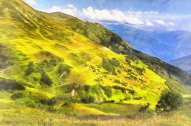 Güneşli bir günde dağ vadisi olan güzel bir manzara.