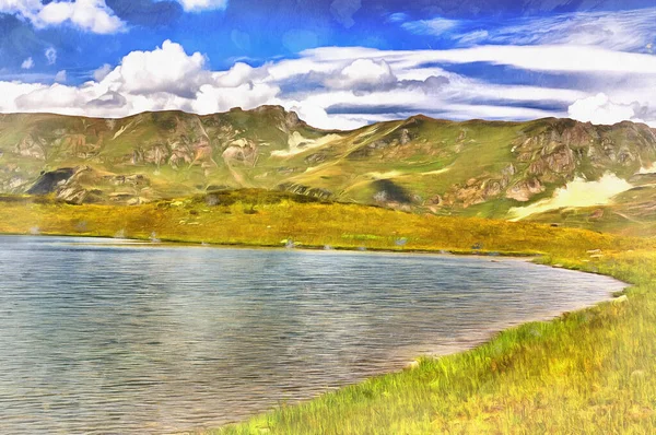 Paisaje hermoso paisaje con lago de montaña en el día soleado —  Fotos de Stock