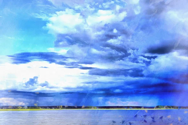 Hermoso paisaje con lago pintura colorida se parece a la imagen. — Foto de Stock
