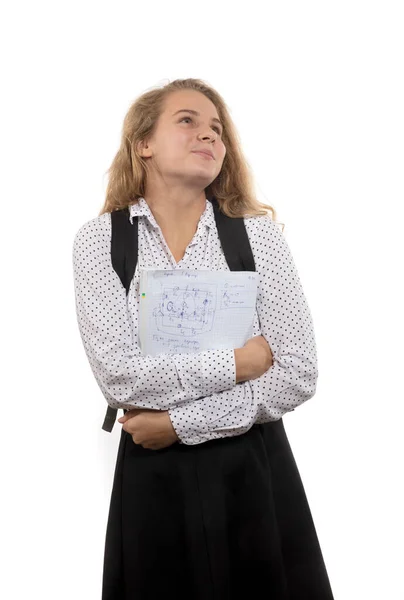 Jeune belle fille de collège à cheveux longs avec des papiers — Photo