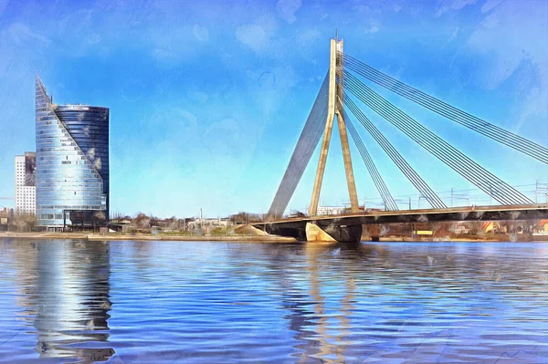 Puente moderno sobre el río Daugava pintura colorida parece imagen, Riga, Letonia. — Foto de Stock