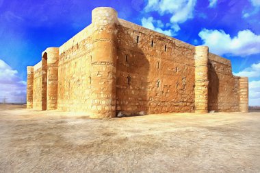 Umayyad Çölünün renkli kalesi resim gibi görünüyor, Qasr Kharana, Ürdün.