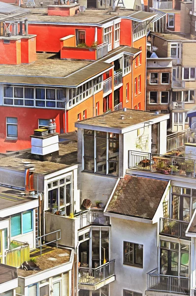 Uitzicht op Amsterdam van boven kleurrijk schilderij ziet eruit als foto, Nederland. — Stockfoto